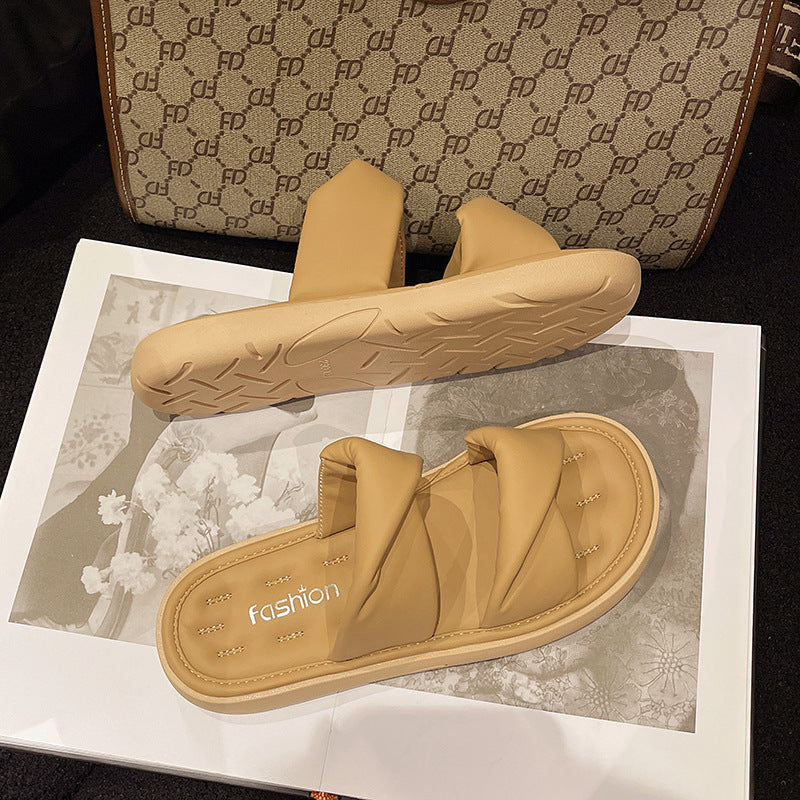 Sofa Slippers Soft Flat Bottom Slides Women's 2024 Summer New Outer Wear Kink Comfortable Sandals