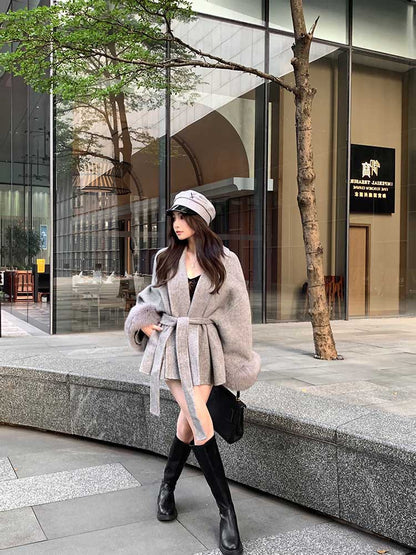 V-neck Lace-up Woolen Coat For Women 2023 Autumn And Winter Long Sleeve Loose High-grade Overcoat Stitching Mid-length Top