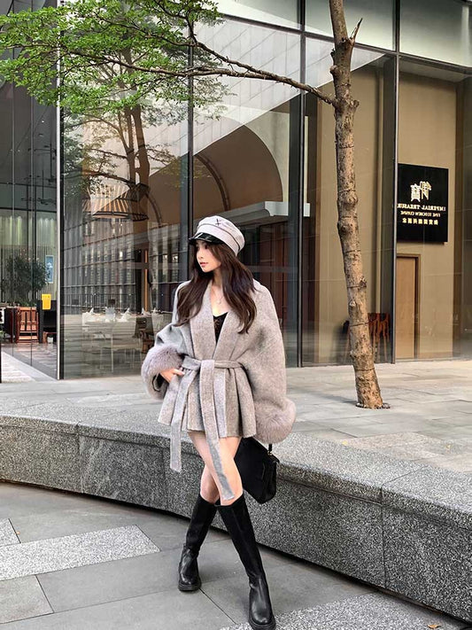 V-neck Lace-up Woolen Coat For Women 2023 Autumn And Winter Long Sleeve Loose High-grade Overcoat Stitching Mid-length Top
