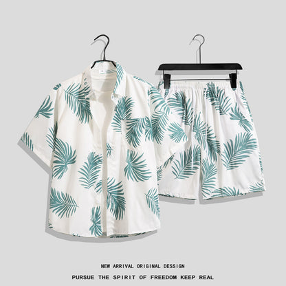 Ice Silk Beach Suit Men&#039;s Short-sleeved Flora Shirt Plus Size Loose Hawaiian Quick-drying Casual Shorts Couple&#039;s Suit