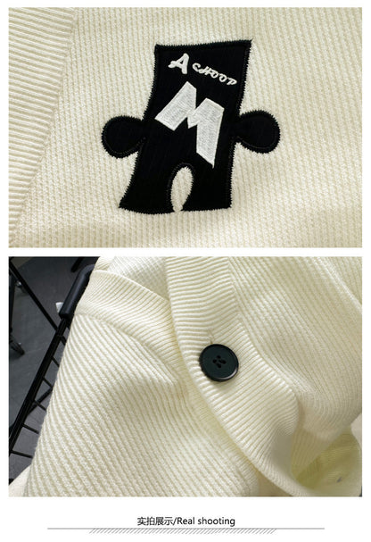 New Spring And Autumn Korean Knitted Cardigan Cartoon Grey Top Cute Design Sense Jacket Sweater For Men And Women