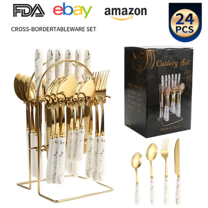 Amazon Cross-border Stainless Steel Tableware 24 Piece Set Marble Pattern Knife Fork Spoon Set Imitation Ceramic Handle Wholesale Ins