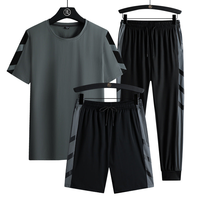Summer Sports Outdoor Quick-drying Pants Half-length Pants Short-sleeved T-shirt Three-piece Set Ice Silk Suit Long Two-piece Suit