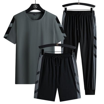 Summer Sports Outdoor Quick-drying Pants Half-length Pants Short-sleeved T-shirt Three-piece Set Ice Silk Suit Long Two-piece Suit