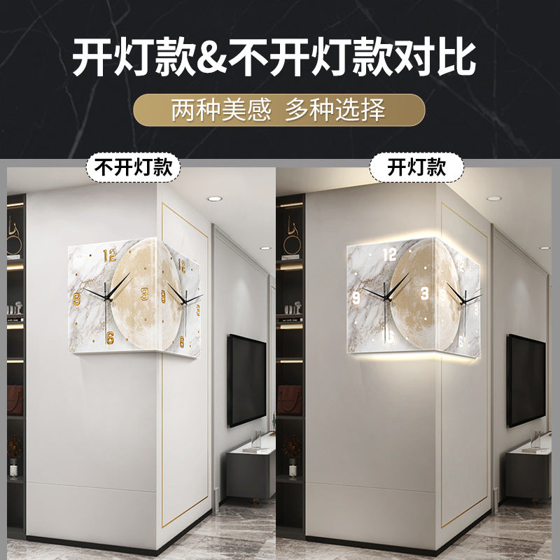 Punch-free Creative Corner Clock Wall Lamp Living Room Moon Lamp Corner Clock Luminous Double-sided Wall Clock Led Art Clock