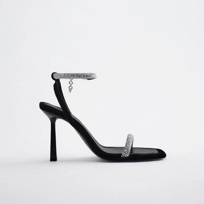 Large Size Foreign Trade Rhinestone High-Heeled Sandals For Women Summer New Cross-Border Square Toe Open Toe Elegant European And American One-Strap Sandals