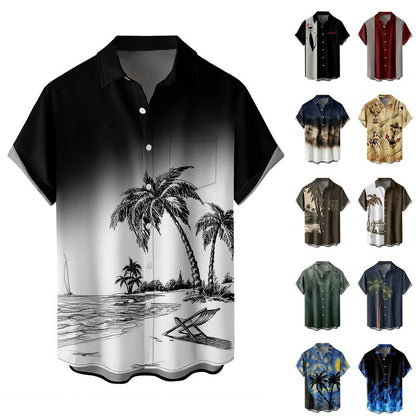 Hawaii Summer Hot Sale European And American Cross-Border Foreign Trade 3D Printed Men's Short-Sleeve Turn-Down Collar Pocket Shirt Direct Shipment