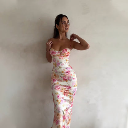 Vacation Suspender Skirt French Flower Print Sexy Breast-revealing Dress European And American Elegant Fashion Long Skirt Dress Women