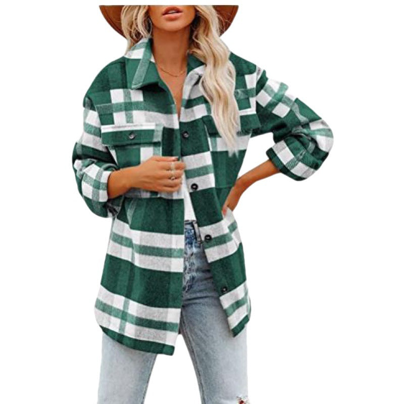 2023 European And American Export New Amazon Hot-Selling Women's Woolen Plaid Shirt Flannel Loose Shirt Jacket