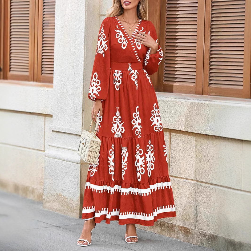 European And American Cross-Border 2025 Autum Dress Bohemian Floral Long-Sleeved V Neck Elegant Beach Long Dress For Women