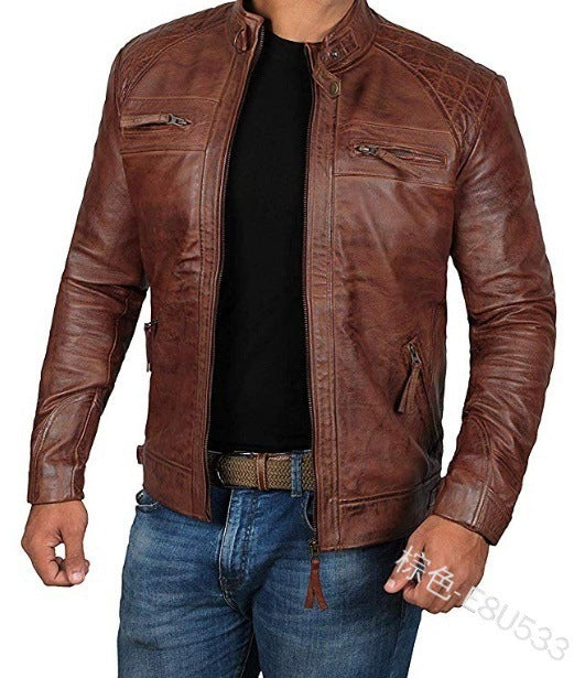 2021 Foreign Trade European And American Men's Leather Jacket Men's Teenager's Collar Punk Men's Motorcycle Leather Jacket E8U533