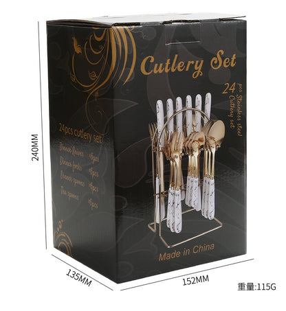 Amazon Cross-border Stainless Steel Tableware 24 Piece Set Marble Pattern Knife Fork Spoon Set Imitation Ceramic Handle Wholesale Ins