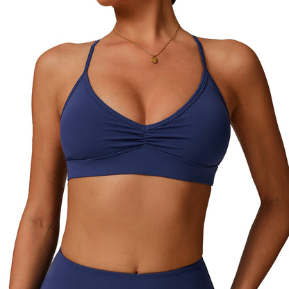 Zechuang Cross-border Quick-dry V-neck Yoga Bra Cross-back Pleated Underwear Running Sports Fitness Bra 9172