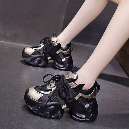 Women's Black Gold Contrast Casual Sneakers with Thick Sole
